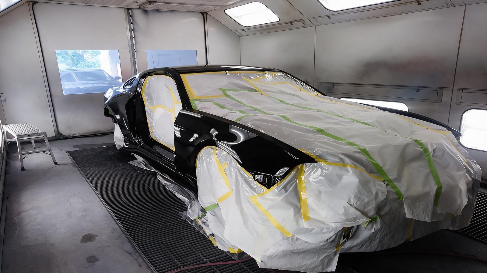 Black coupe masked and taped for paint prep inside the downdraft paint booth at Extreme Twist Collision, Santa Fe, New Mexico